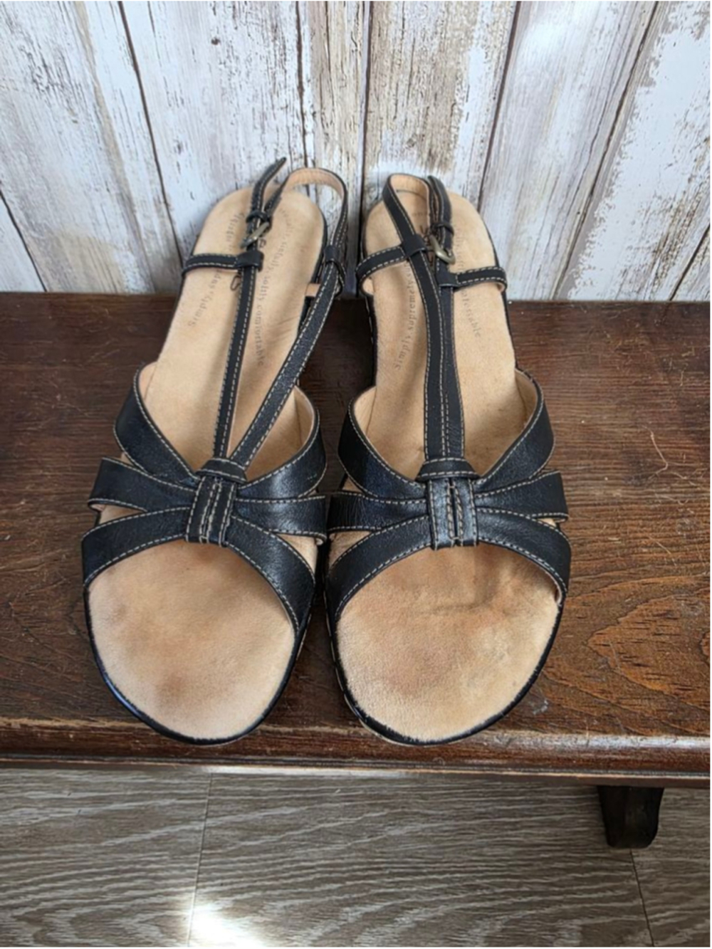 Women's Softspots Black Beige Leather Wedge Sandals Size 8